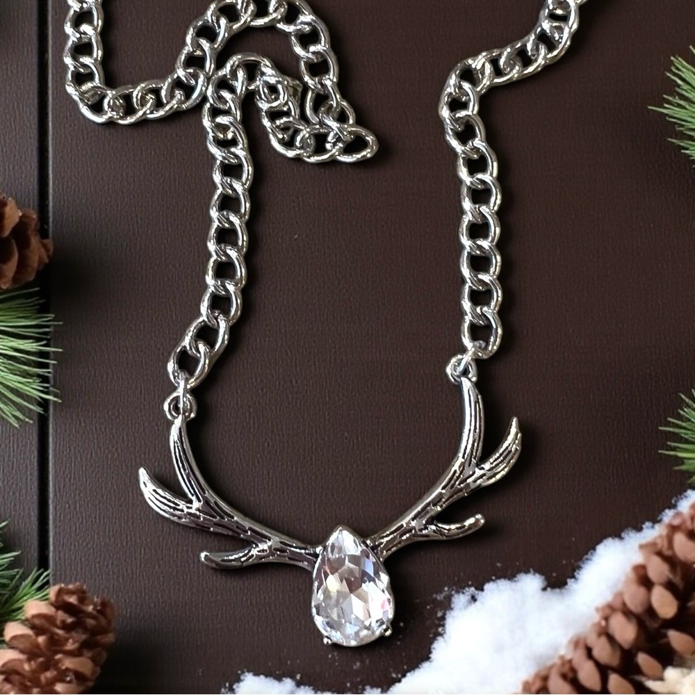 Silver Toned Antler Necklace with Crystal Pendant Stainless Steel Chain